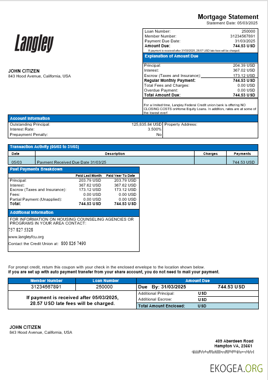 États , Unis Langley Federal Credit Union relevé d'hypothèque bancaire aux formats Word et PDF